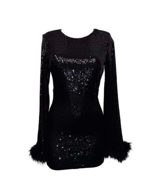 Black Sequin Mini Dress with Feather Cuffs
